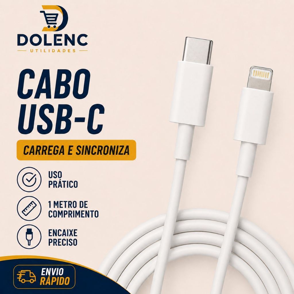 Cabo USB-C para Lightning 1 Metro Carregamento Rápido e Sincronização Branco