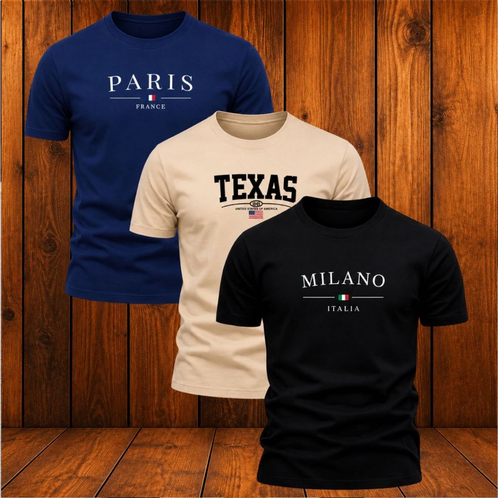 Kit 3 Camisetas Masculinas Estampadas Paris Texas Milano Algodão Casual Confortável Moda Masculina