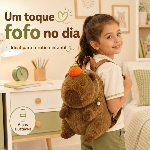 Mochila Capivara de Pelúcia Infantil Fofinha Bolsa Mochila de Costas para Crianças Passeio e Dia a Dia