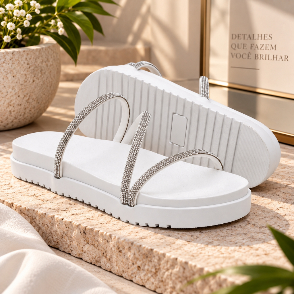 Papete Feminina Strass Brilho Sandália Rasteira Flatform Confortável Delicada Festa Passeio Verão