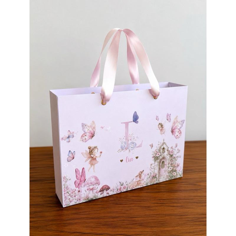 Sacolinha Personalizada Lembrancinha Festa - JARDIM ENCANTADO - BORBOLETAS | Sacola Papel Personalizada com Nome e Tema