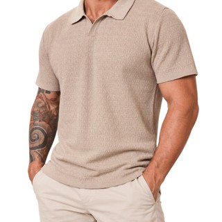 Camiseta Masculina de Tricô Texturizado Verão Manga Curta Gola Polo Premium
