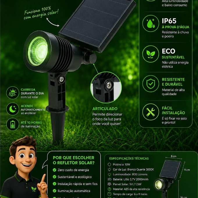 Kit 02 Espetos Solar Led Iluminação Jardim Cor Verde 10 Lumens Spot Solar — imagem 2 de 2