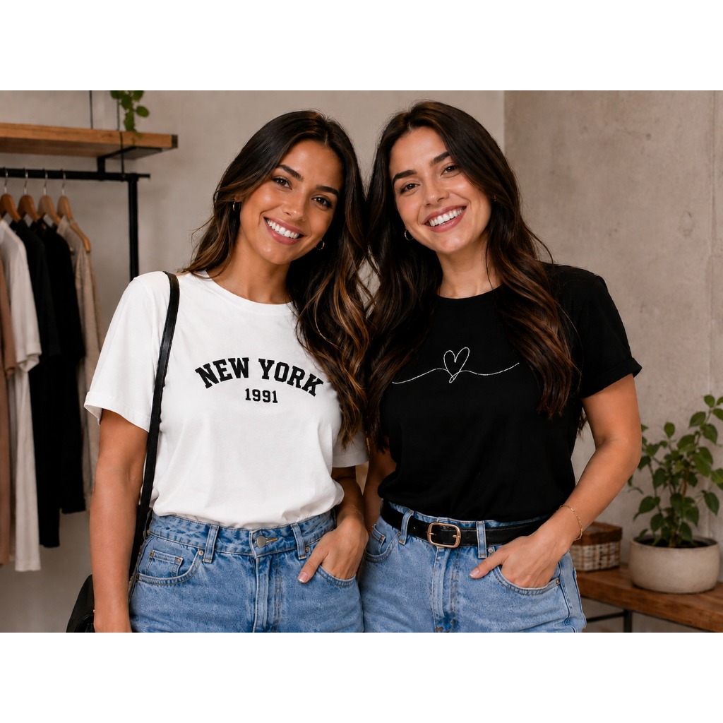 Kit 2 Blusas Femininas 100% Algodão T-Shirt New York Estilosas Confortáveis Tecido Premium