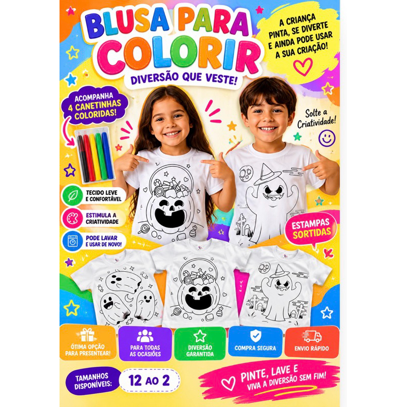 Blusa Infantil para Colorir + 4 Canetinhas | Camiseta Divertida | Estampas Sortidas