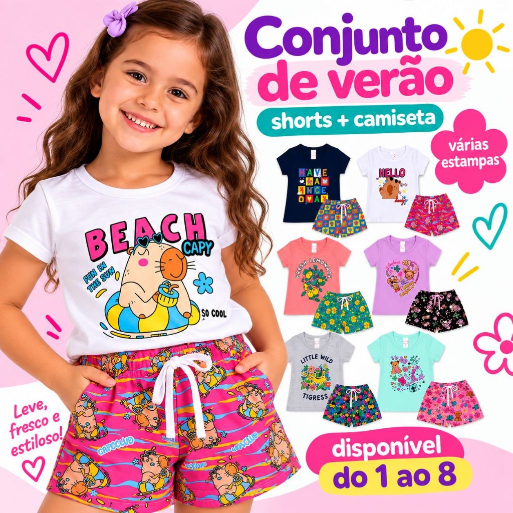 Kit 4 Peças Infantil Menina com Blusa e Shorts Estampado Verão Conjunto Infantil Sortido