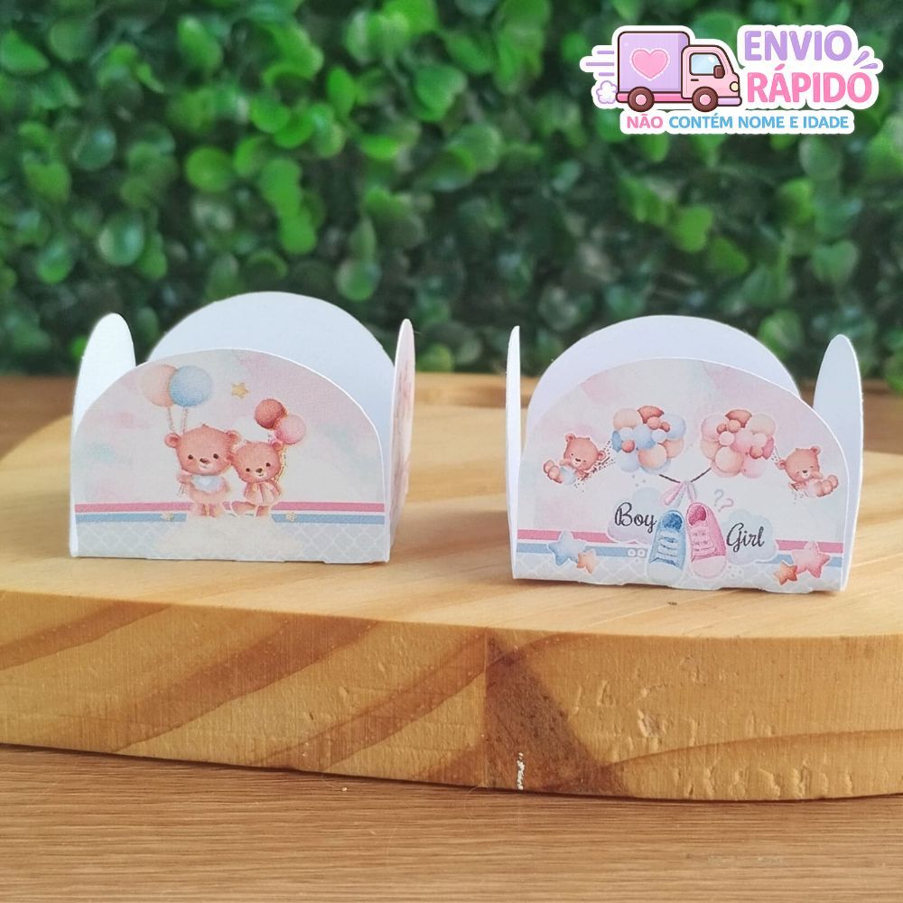 Chá Revelação Chá de Bebê Ursinho Azul e Rosa Kit Forminhas 4 Pétalas Nº 6 para Doces e Brigadeiros de Festa