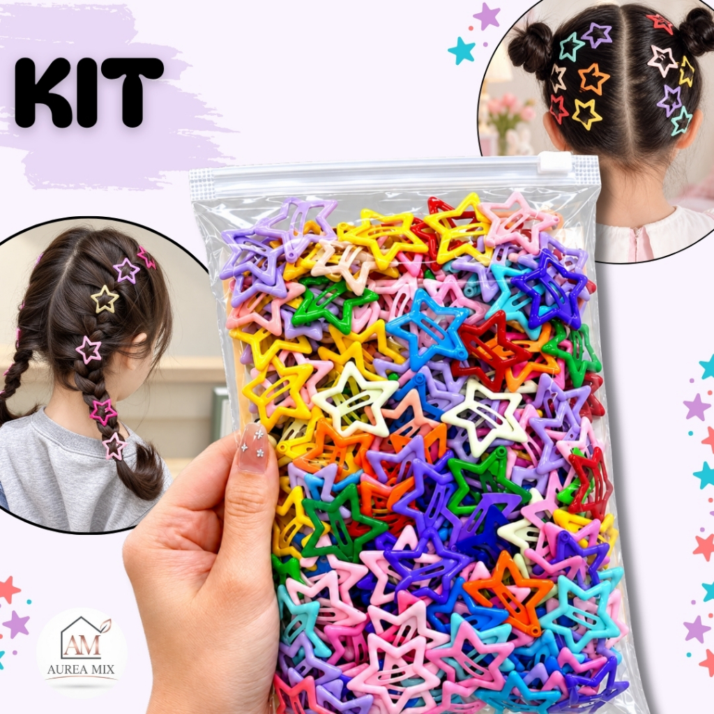 Kit Presilhas de Cabelo Estrela Tic Tac Coloridas Infantil para Penteados Meninas Crianças