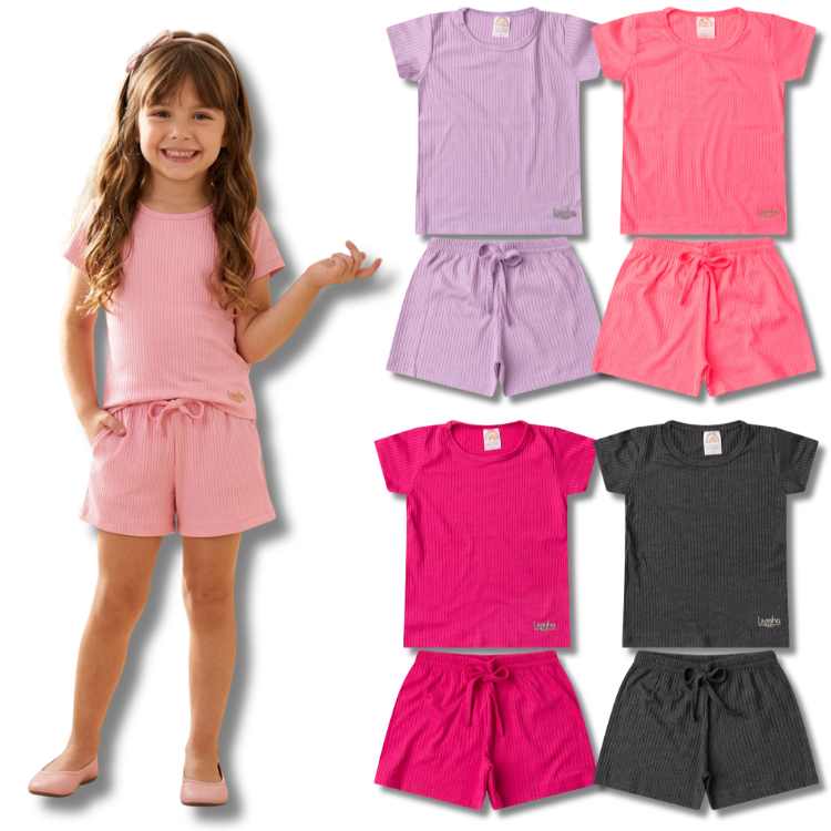 Kit Sortido Conjuntos Blusa e Shorts Canelado Liso Feminino/Menina - Infantil e Juvenil do 4 ao 12