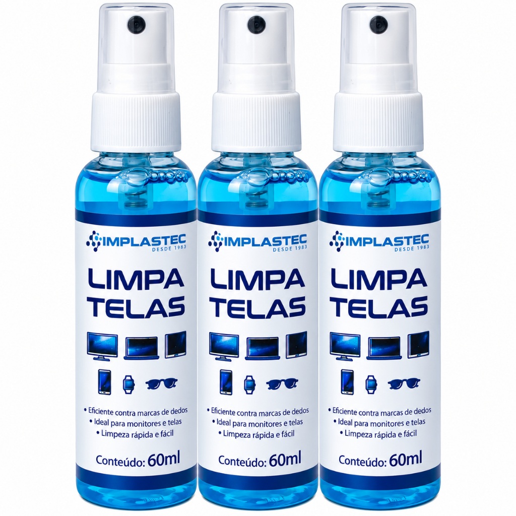 Kit 3 Limpa Telas Implastec 60ml Spray Limpador para Celular Notebook Monitor TV Tablet Óculos