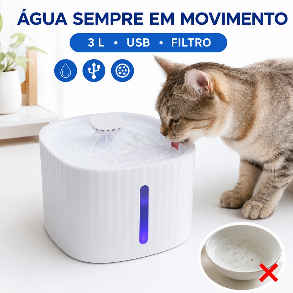 Fonte Bebedouro Automático 3L para Gatos e Cães com Filtro USB e LED