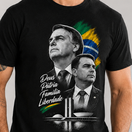 Camiseta Jair e Flávio Bolsonaro Deus Pátria Família Liberdade Algodão Unissex Manga Curta Camisa Masculina e Feminina