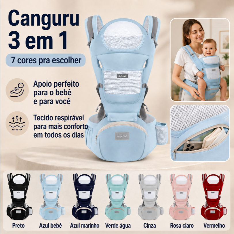Canguru Bebê com Assento Ergonômico, Apoio para Cabeça e Pescoço, Tecido Respirável e Bolso para Mamadeira