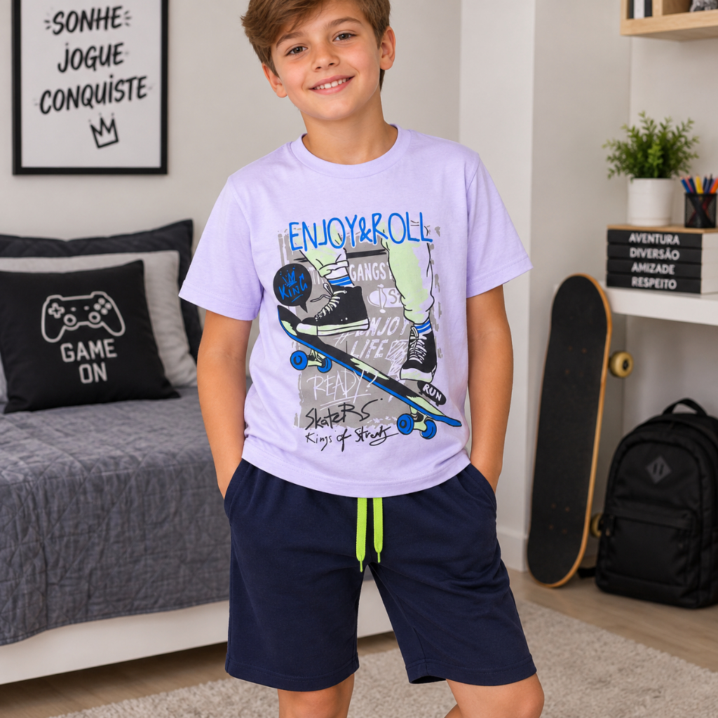 Conjunto Infantil Masculino Camisa e Bermuda - Moda Juvenil Primavera Verão  Cacau Kids -Tam-1 ao 10