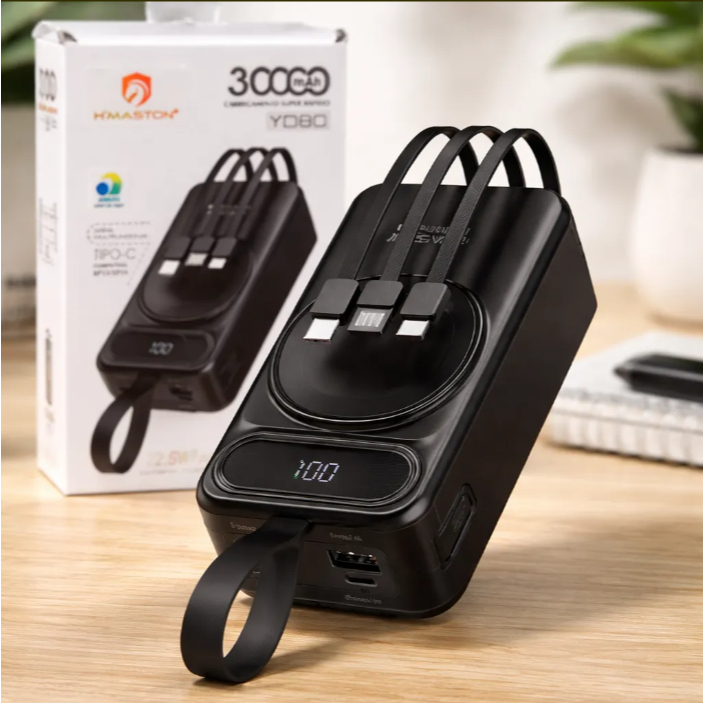 Power Bank 30000mAh H'Maston YD80 Carregador Portátil Magnético 15W MagSafe 22.5W Turbo 4 Cabos