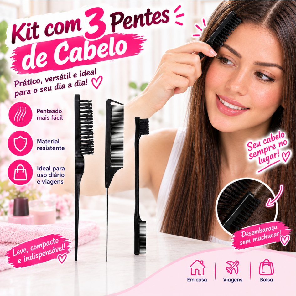 Kit 3 Pentes de Cabelo Resistente, Pente Largo, Fino e Model