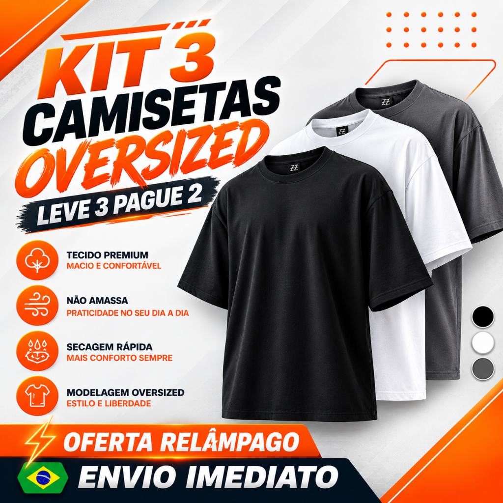 Kit 3 Camisetas Oversized Streetwear Masculina 100% Algodão 30.1 Padrão Americano