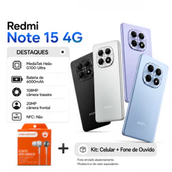 Xiaomi Redmi Note 15 4G, Processador Mediatek Hélio G100-Ultra, Bateria 6000mAh, 128/6GB RAM- 256/8GB RAM（Kit: celular +