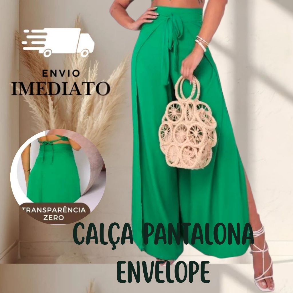 Calça Pantalona Envelope Feminina Cintura Alta Longa Amarração Look Festa Verão