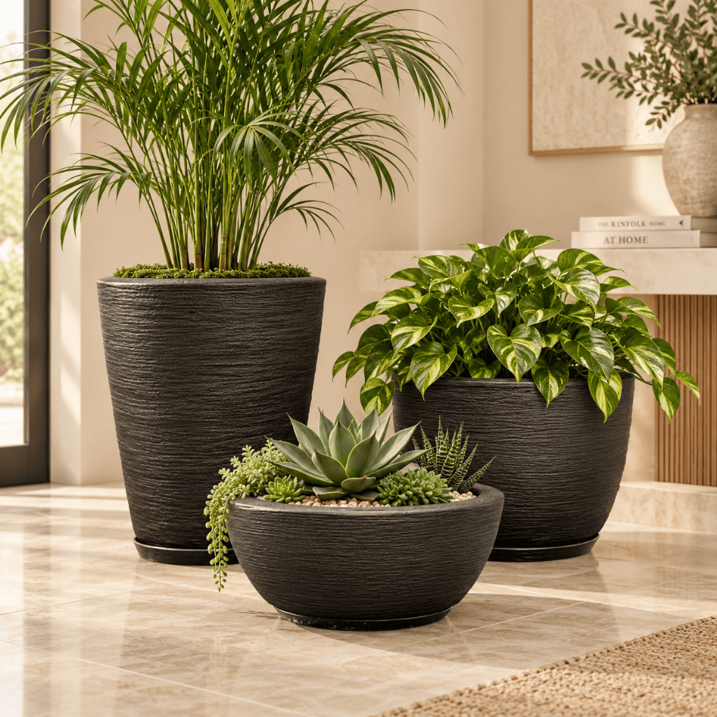 Kit 3 Vasos para Plantas com Pratos Coluna Bojo Bacia Polietileno Decorativo Jardim Sala Varanda