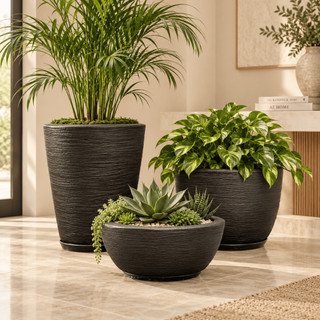 Kit 3 Vasos para Plantas com Pratos Coluna Bojo Bacia Polietileno Decorativo Jardim Sala Varanda