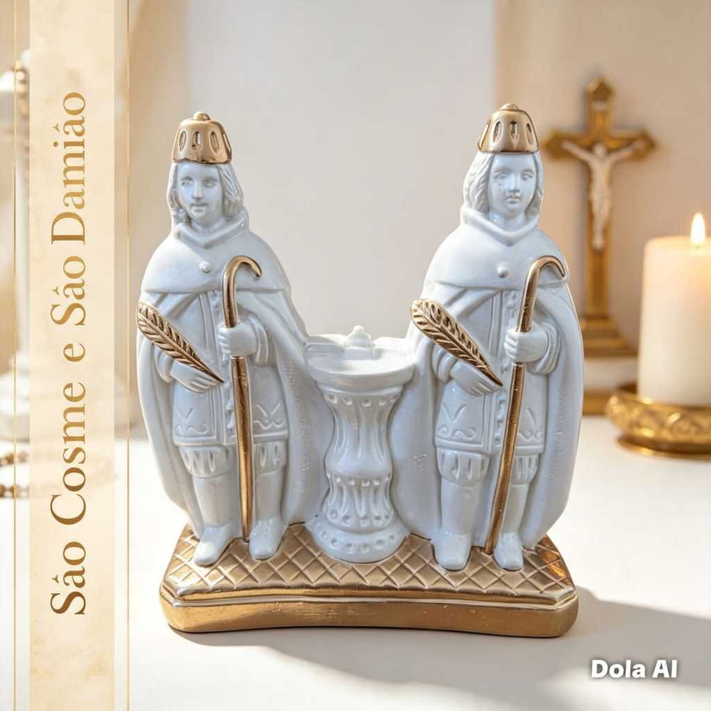 Imagem são Cosme e são Damião 16 cm gesso pintura pérola e dourado decoração religiosa presente de fé arte sacra gemeos