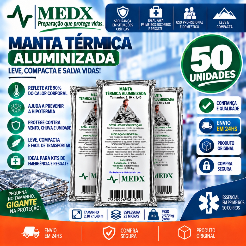 Cobertor Manta Térmica Aluminizado Para Resgate, Emergência e Camping - Kit Com 50 Unidades