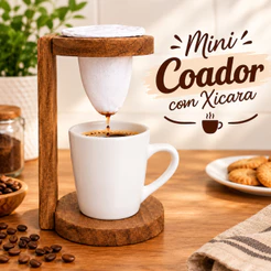 Mini Coador Madeira Pinus Escuro Com Xicara Porcelana Branca 120ml Presente Café Tarde