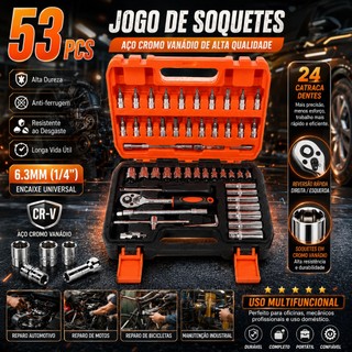 Kit Jogo de Ferramentas 53  Peças Chave Catraca Soquete Bits Envio Brasil Maleta Portátil Reparo Auto Oficina