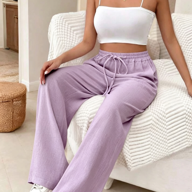 Calça feminina verde chique de pernas largas com cordão e bolsos, calça comprida de tecido com leve elasticidade
