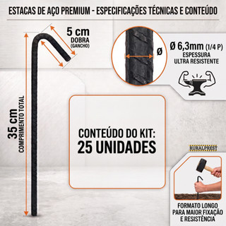 ESTACA LONGA 35 CM BARRACA CAMPING REFORÇADA 6,3MM - KIT 25 UNIDADES