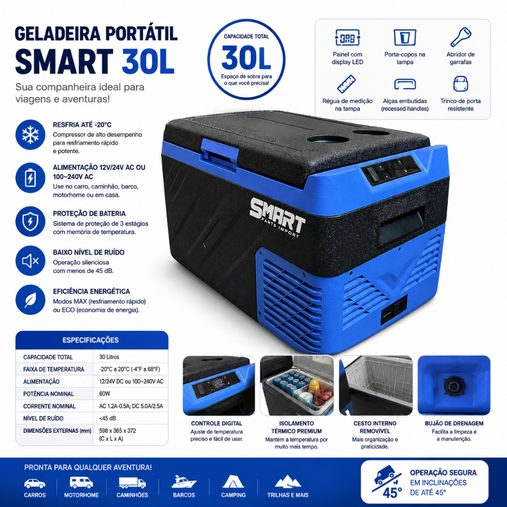 Geladeira Portátil 30l Compressor Quadrivolt Bluetooth Camping Caminhão barco motorhome barco pesca
