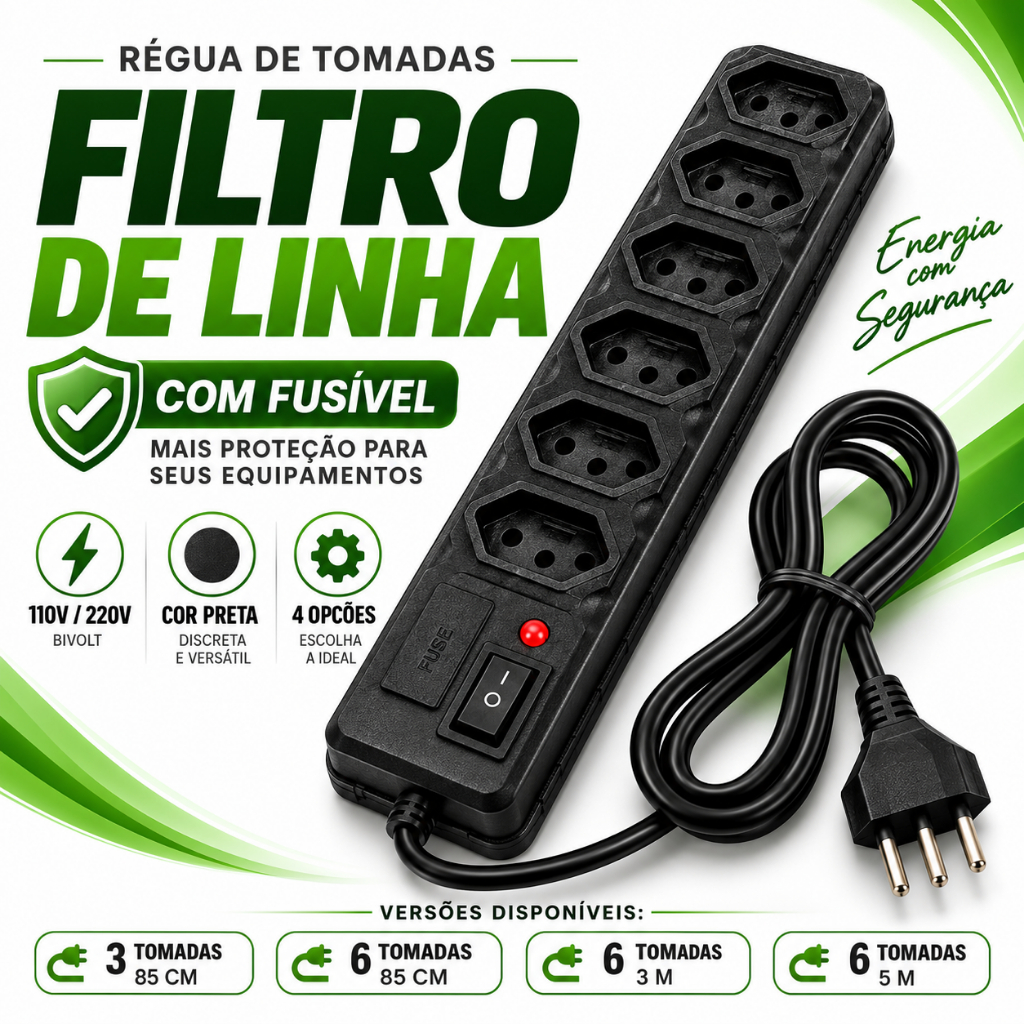 RÉGUA DE TOMADAS MODELO FILTRO DE LINHA FUSÍVEL ANTI CURTO ELÉTRICO EXTENSÃO ELÉTRICA