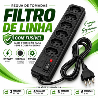 Régua DE Tomadas Modelo Filtro DE Linha Fusível Anti Curto Elétrico Extensão