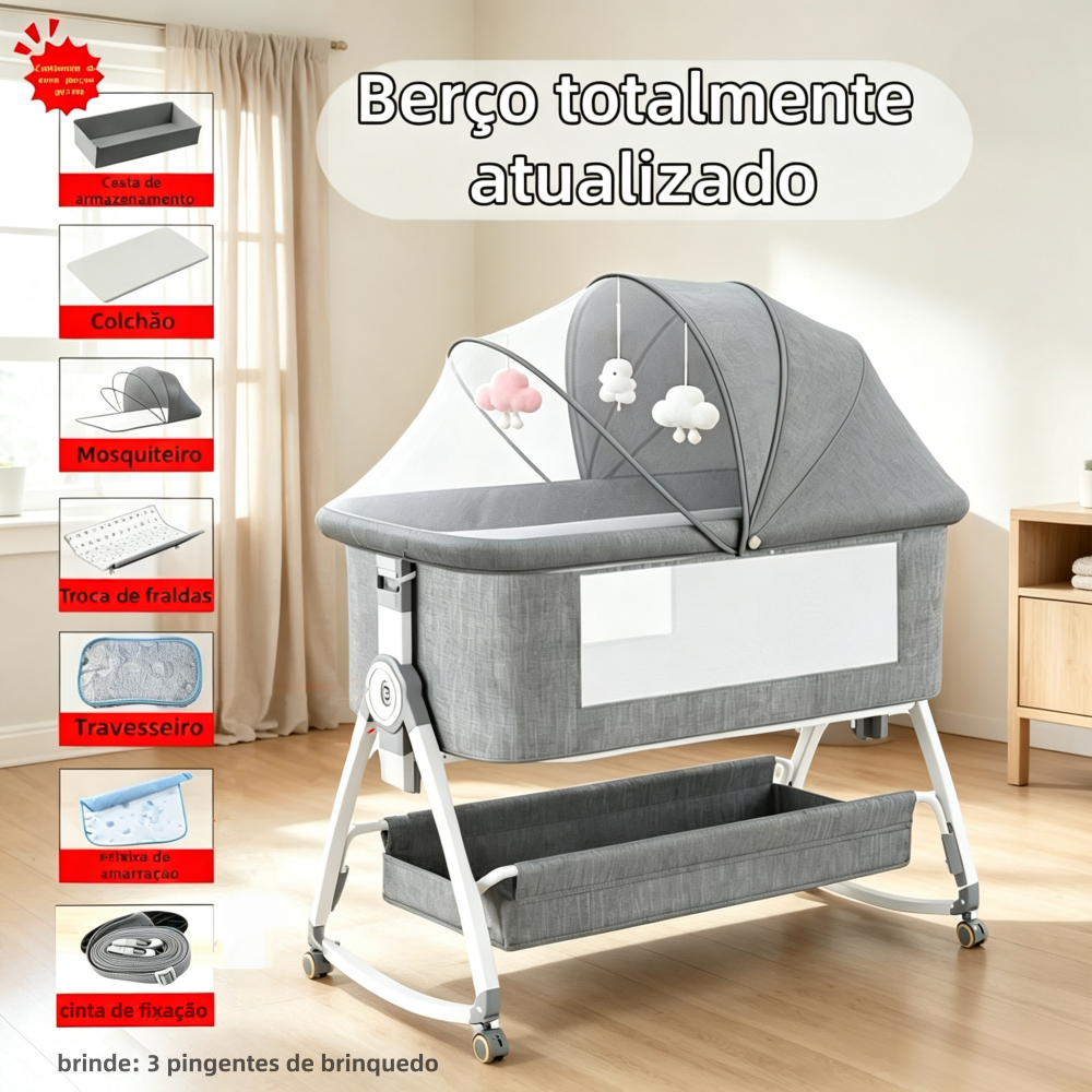 Berço Portátil Moises Co-bed Com Balanço Mosquiteiro e Cesto Regulagem de Altura-versão aprimorada9em 1