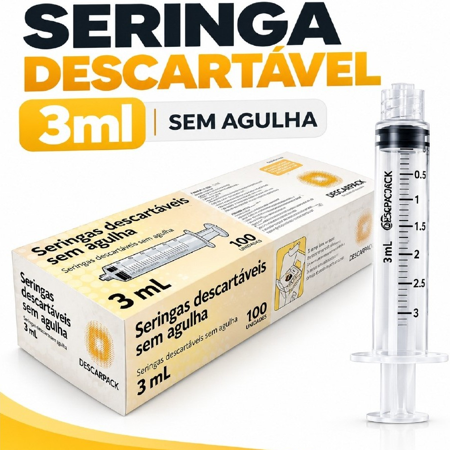 Seringa Descartável 3mL Sem Agulha Bico Luer Lock Descarpack - 50, 100, 150 e 200 unidades