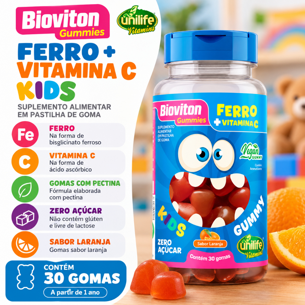 Gummy Ferro + Vitamina C Kids Unilife Bioviton 30 Gomas Sabor Laranja