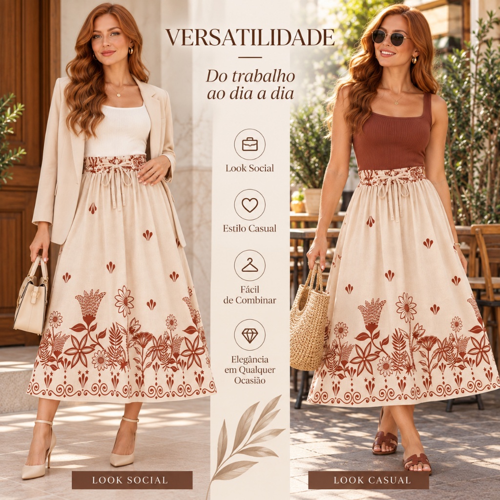 Saia Longa Feminina Estampada Cintura Alta Com Bolso Confortável Várias Cores EVASÊ