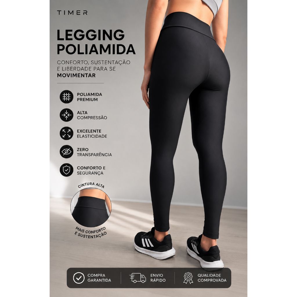 Calça Legging Feminina Poliamida Premium Cós Alto Zero Transparência Academia Fitness