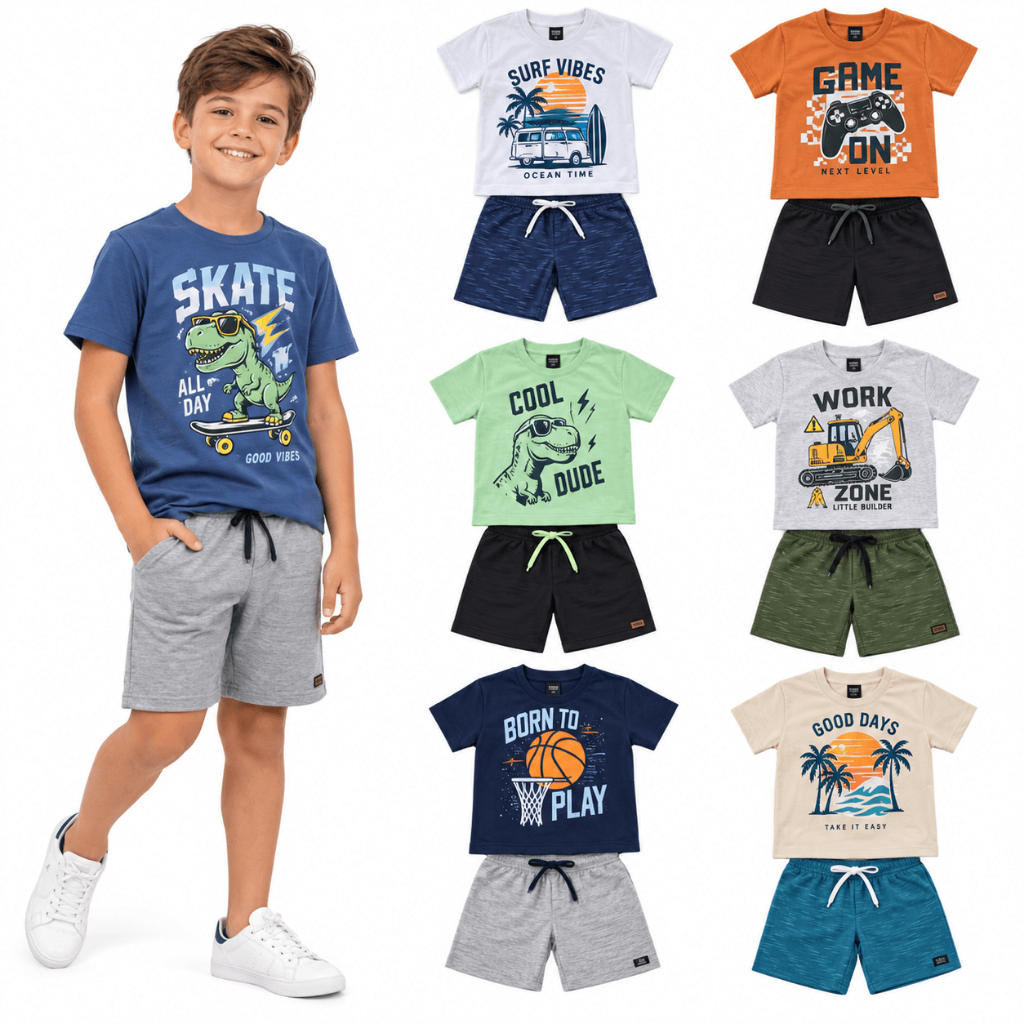 Kit 4 Conjuntos Infantil Menino 8 Peças de Roupas Infantil Masculino 4 Camisetas + 4 Bermudas Confortavel Leve e Macio