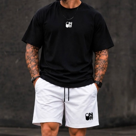 Conjunto Masculino Camiseta Camisa Algodão e Short Tactel Poliester Estilo Verão Estampa On