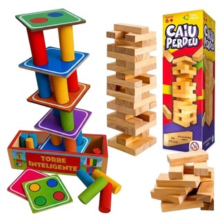 Jogos Educativos Madeira: Caiu Perdeu 54 Peças + Torre Inteligente Infantil