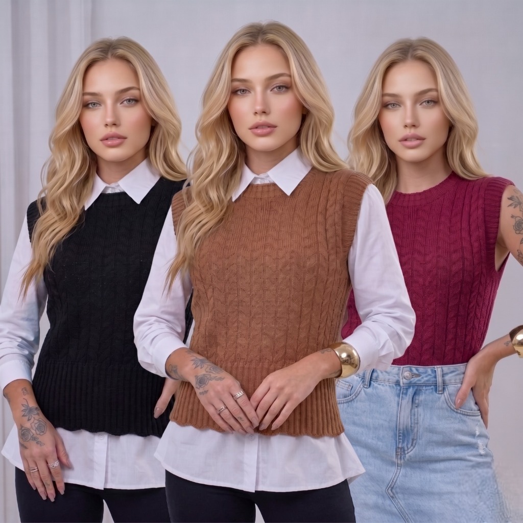 Colete Feminino Colete Regata Tricot Trançado Coletinho Blusa Feminina Trico Modal Moda Outono Inverno