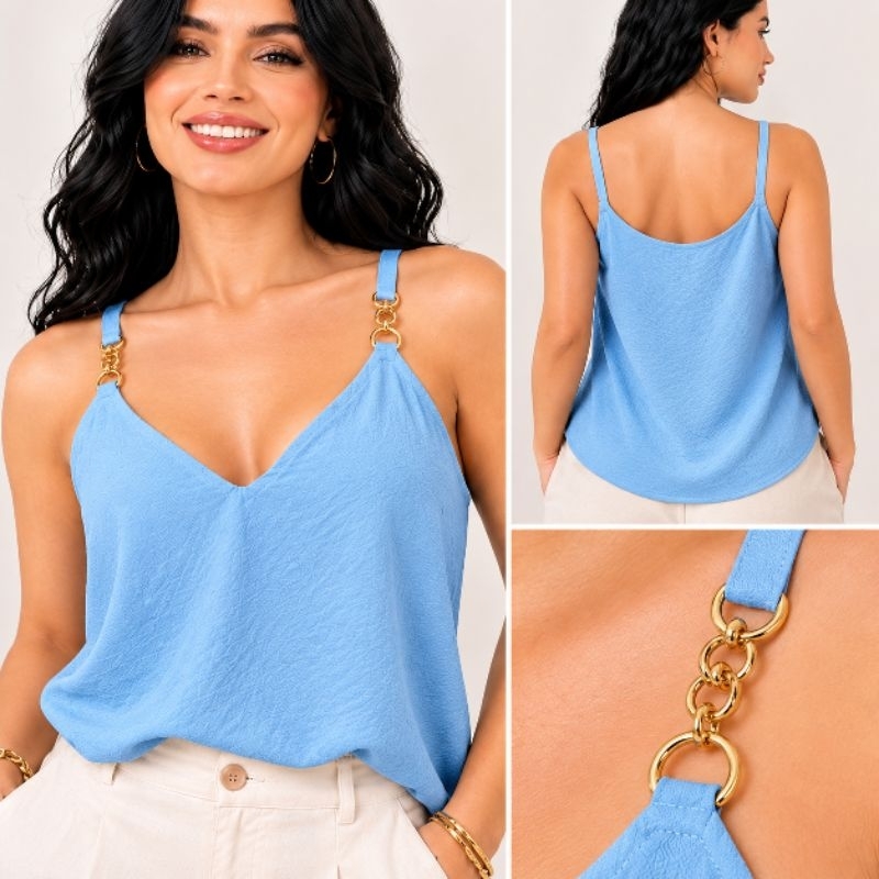 blusa regata Feminina em tecido Duna /Detalhe metal (dourado e prata)/confortável elegante/alça regulável/Decote V