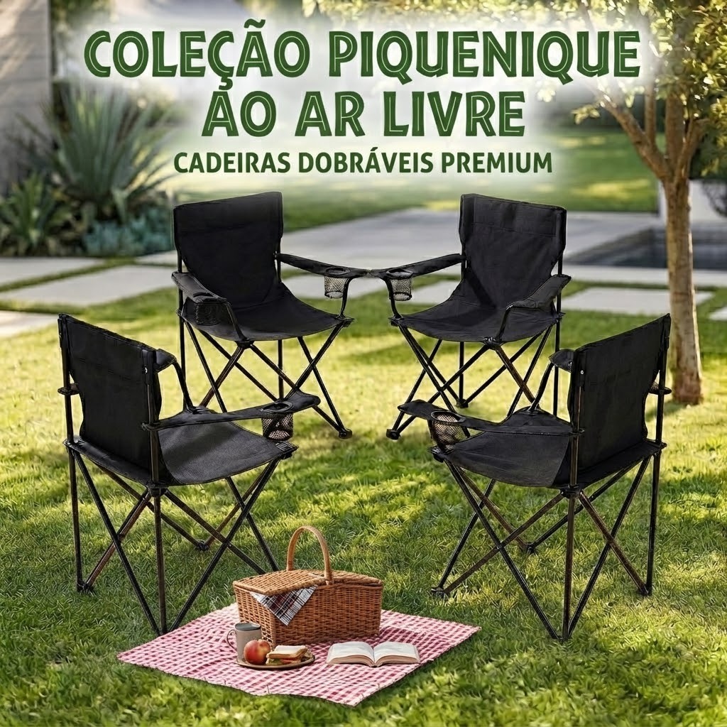 Kit Cadeira de Camping Dobrável Portátil com Porta-Copos e Bolsa, Assento Confortável Resistente para Praia, Pesca