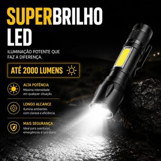 Lanterna LED Recarregável Tática Portátil Alta Potência com Estojo e Cabo Carregamento Resistente