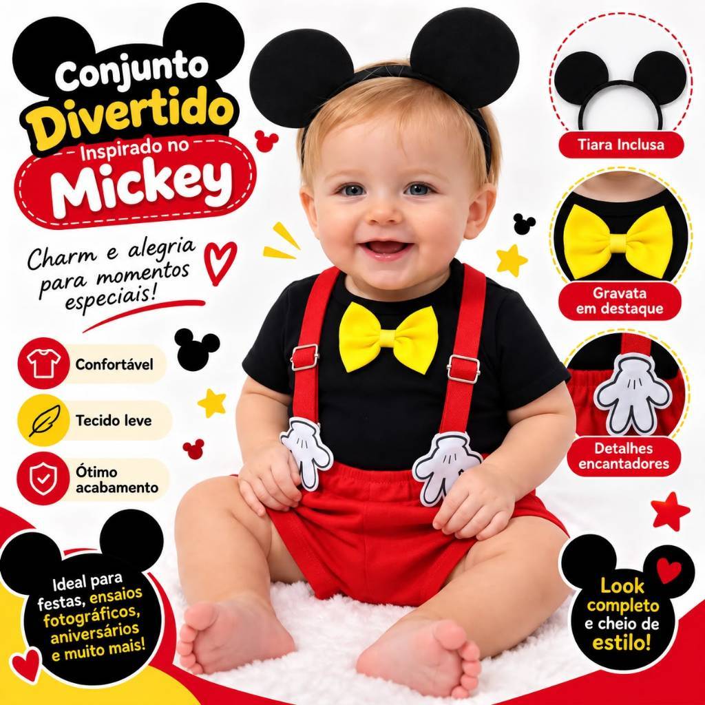 Roupa Do Mickey Social Infantil Gravatinha Suspensório Menino - Kit Conjunto Festa Aniversário Temático 1-3 anos