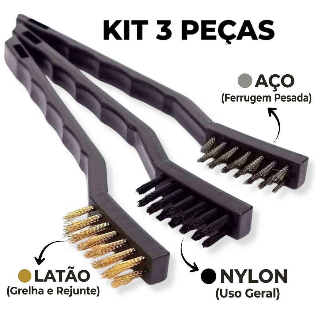 Escovas de Aço Multiuso Kit 3 Pcs de Aço, Latão e Nylon Cabo Plástico Limpeza pesada Fogão Ferrugem Forno Grelha