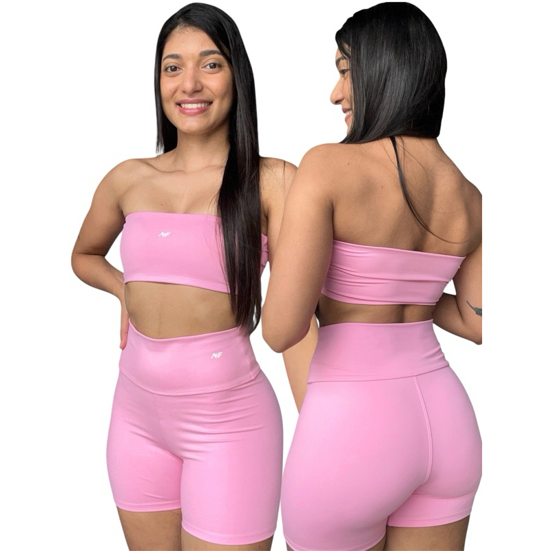 Conjunto Short Curto Liso + Top Faixa c/ Entrada p/ Bojo Poliamida Zero Transparência