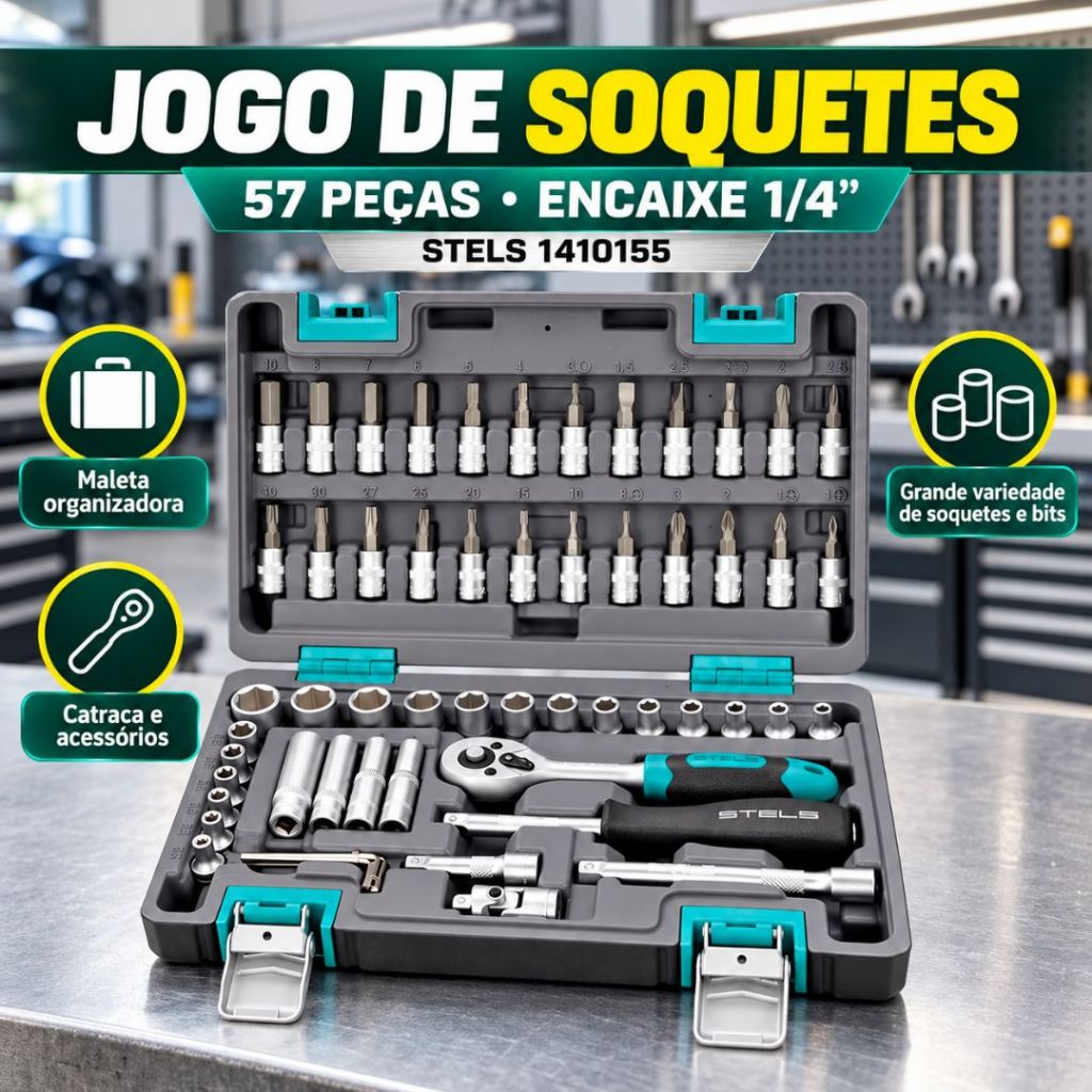 Jogo de Soquetes 57 Peças 1/4” com Catraca e Maleta Stels 1410155